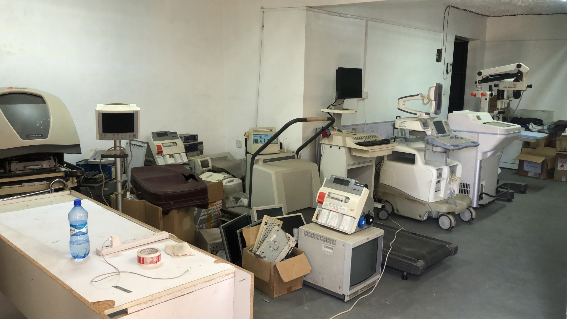 Donated medical equipment awaiting assessment and refurbishment